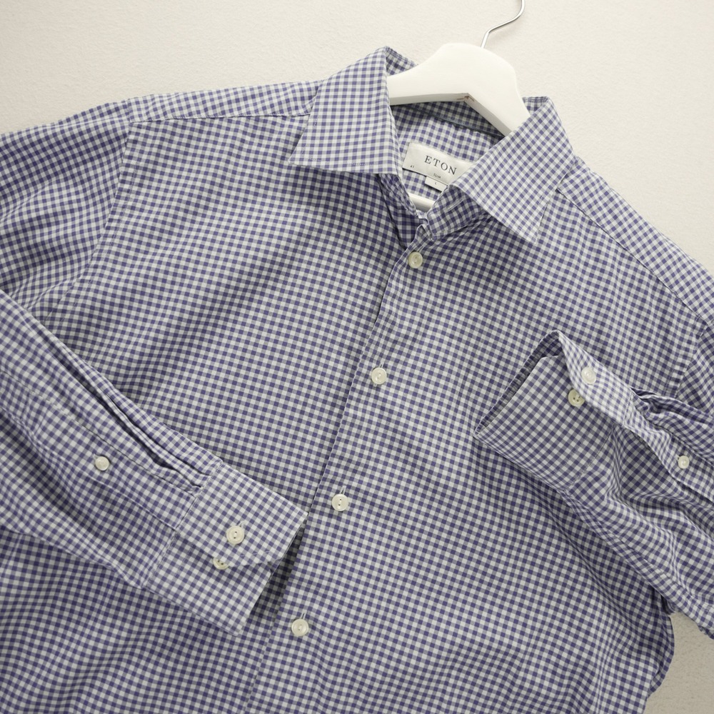 Eton Slim Fit Blue Gingham Button Down Shirt Mens 41 16 Large Fine Twill Office
